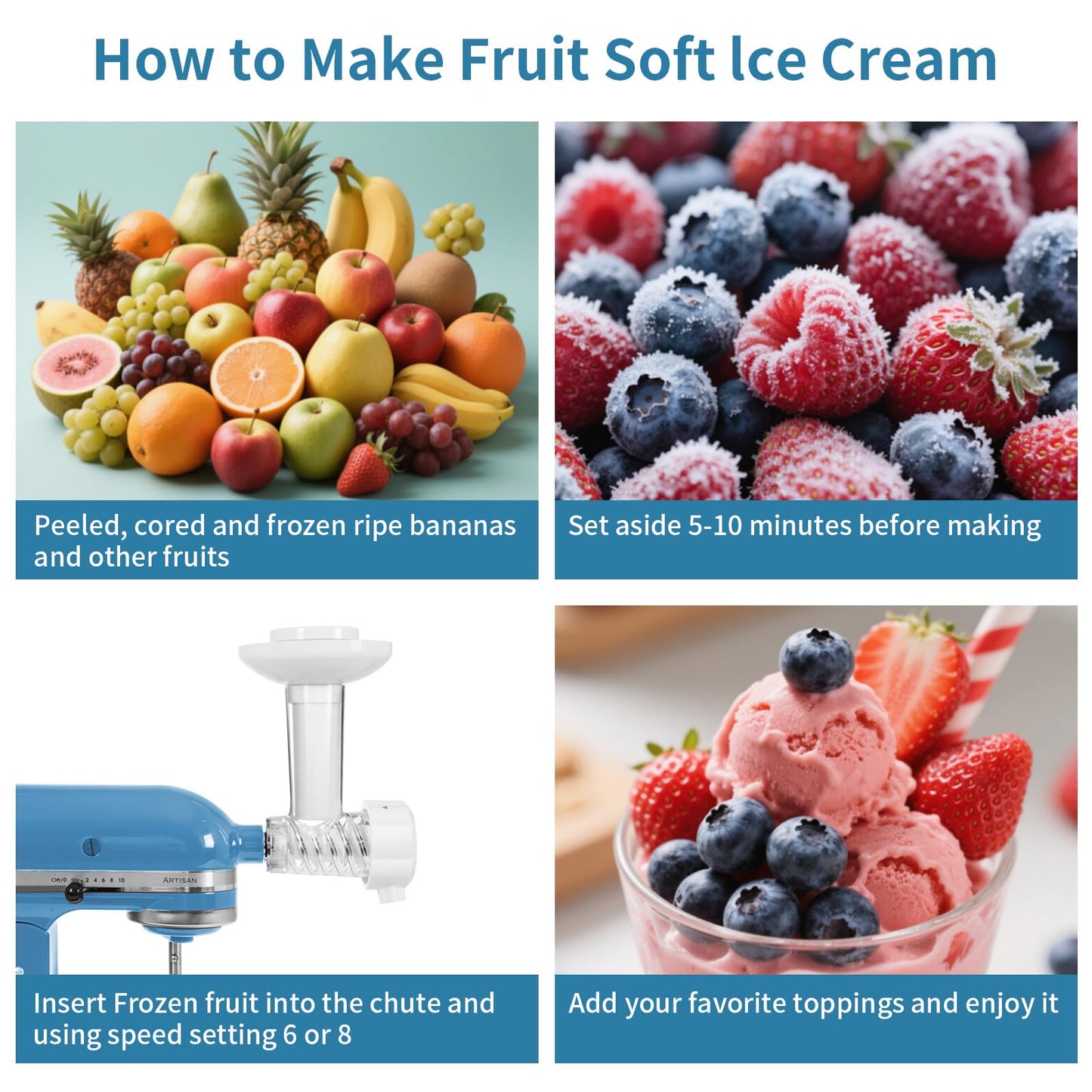 MEILEYII Frozen Fruit Ice Cream Attachment for Kitchenaid Mixer, Creates Sorbet & Yogurt, Small Size, Dishwasher Safe