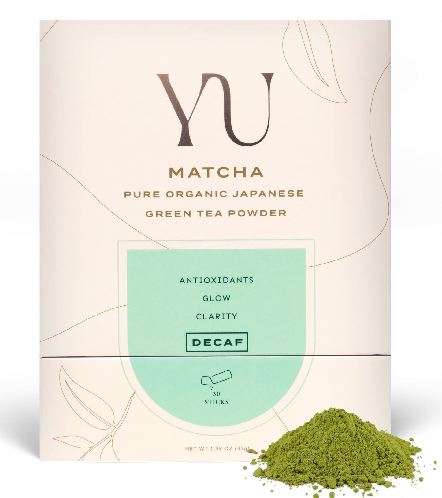 Yu Organic Decaf Matcha Powder, Ceremonial Grade, 30 Instant Packets, Rich in Antioxidants, Unsweetened Green Tea Sticks