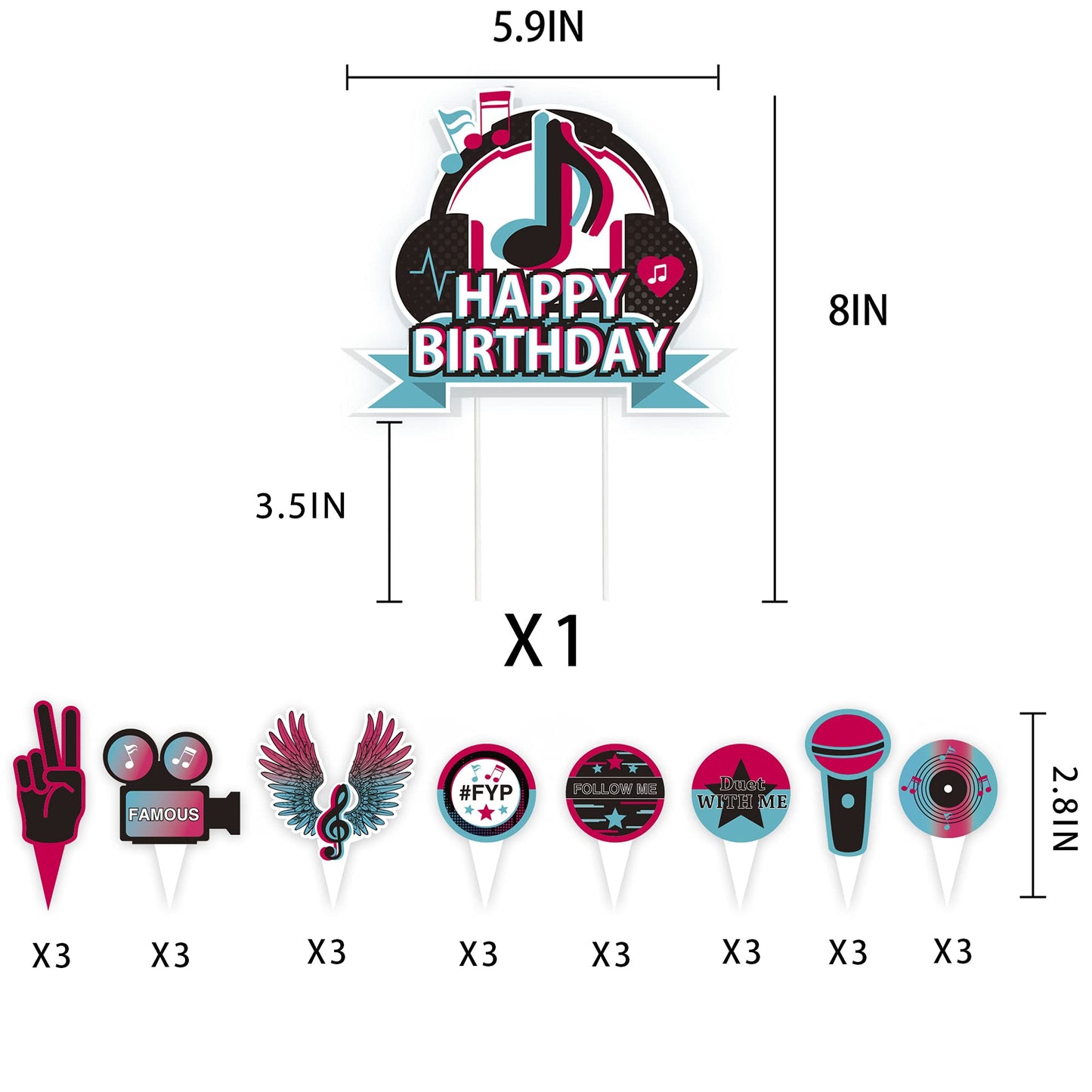 25Pcs Tik Music Happy Birthday Cake Toppers