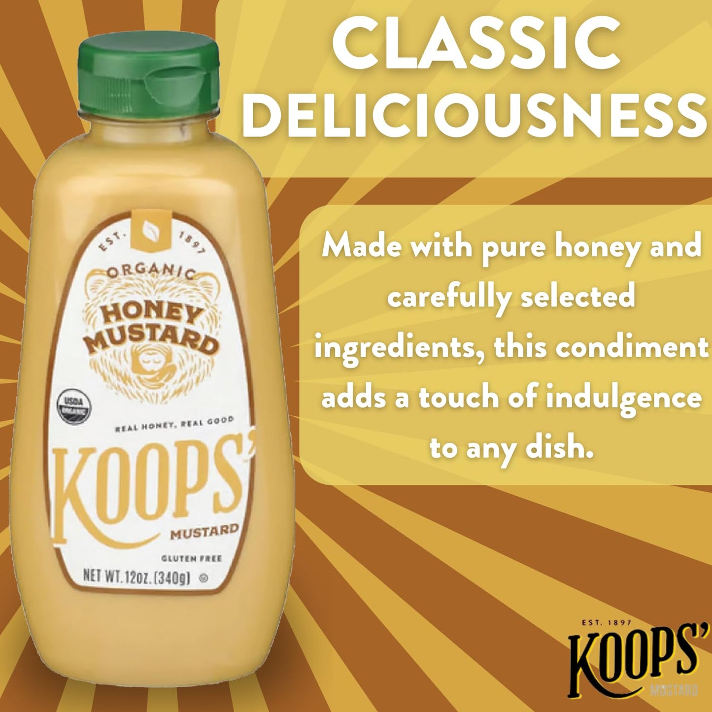 Koops' Organic Honey Mustard - Gourmet Mustard, Gluten-Free, Kosher, Made In Usa, From Quality Mustard Seeds, Honey Mustard Sauc