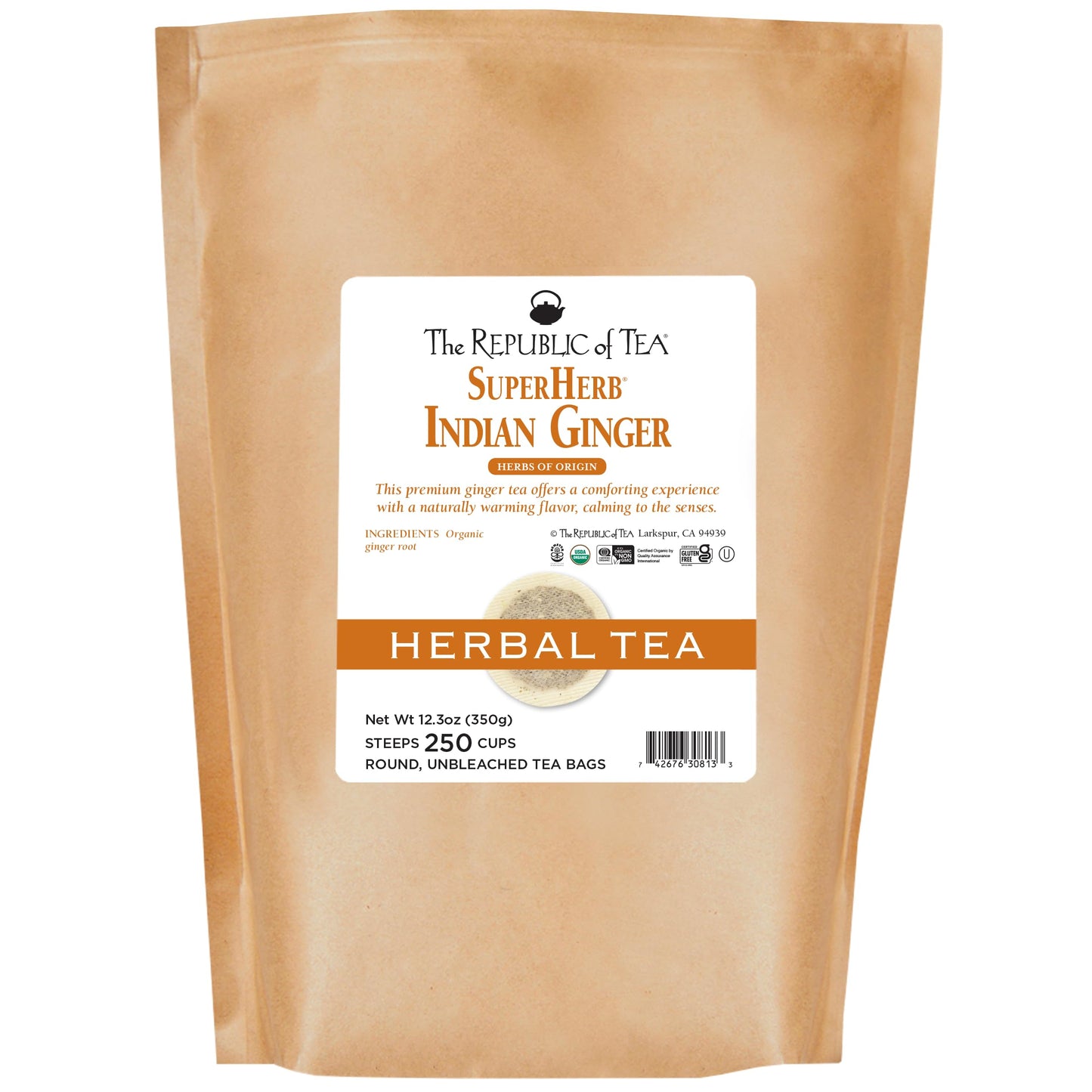 The Republic of Tea Organic Indian Ginger SuperHerb Tea, 250 Herbal Tea Bags, Caffeine-Free