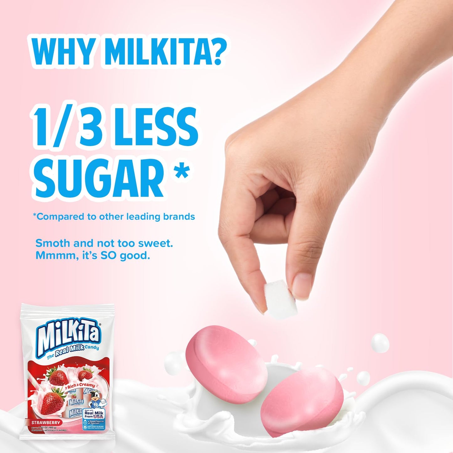 Milkita The Real Milk Candy Bag, Gluten Free Chewy Candies with Calcium & Real Milk, Zero Trans Fat, Low-Sugar, Strawberry Flavo