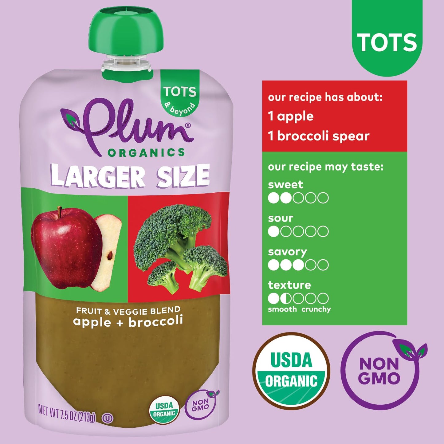 Plum Organics Tots & Beyond Apple & Broccoli Fruit & Veggie Blend, Kosher, Usda Certified Organic, Non-Gmo, 7.5 Ounce (Pack Of 6