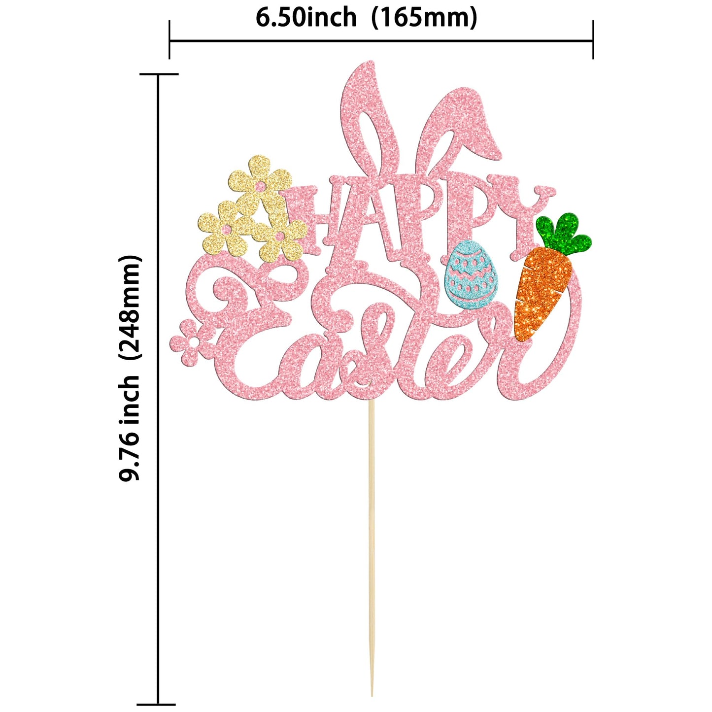 Gyufise Happy Easter Cake Topper, Glitter Bunny Ear Decoration, Pink, Model ZN0317-7-P