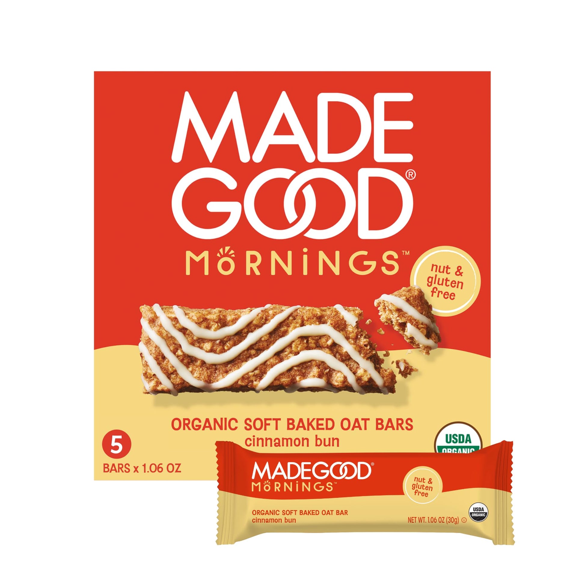 MadeGood Morning Cinnamon Bun Bars, 5ct/5.3 Oz, Organic Snacks