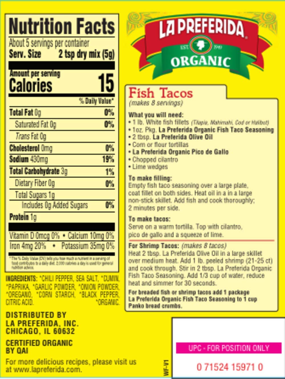 La Preferida Mexican Foods, Organic Fish Taco Seasoning, No Msg Or Artificial Preservatives, 1 Oz (Pack Of 12)