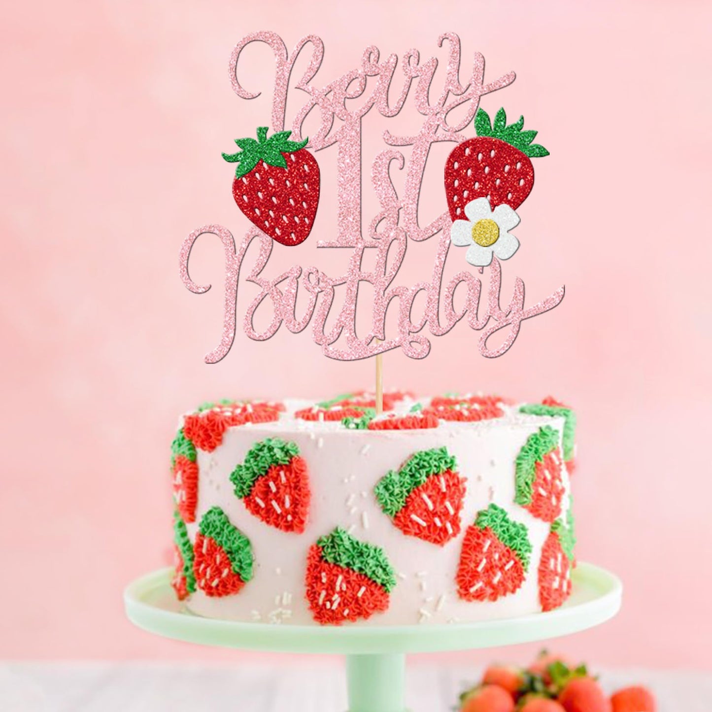 1 Pcs Berry 1St Birthday Cake Topper Glitter Sweet Fruit Theme Flower First Birthday Strawberry One Cake Pick For Strawberry The