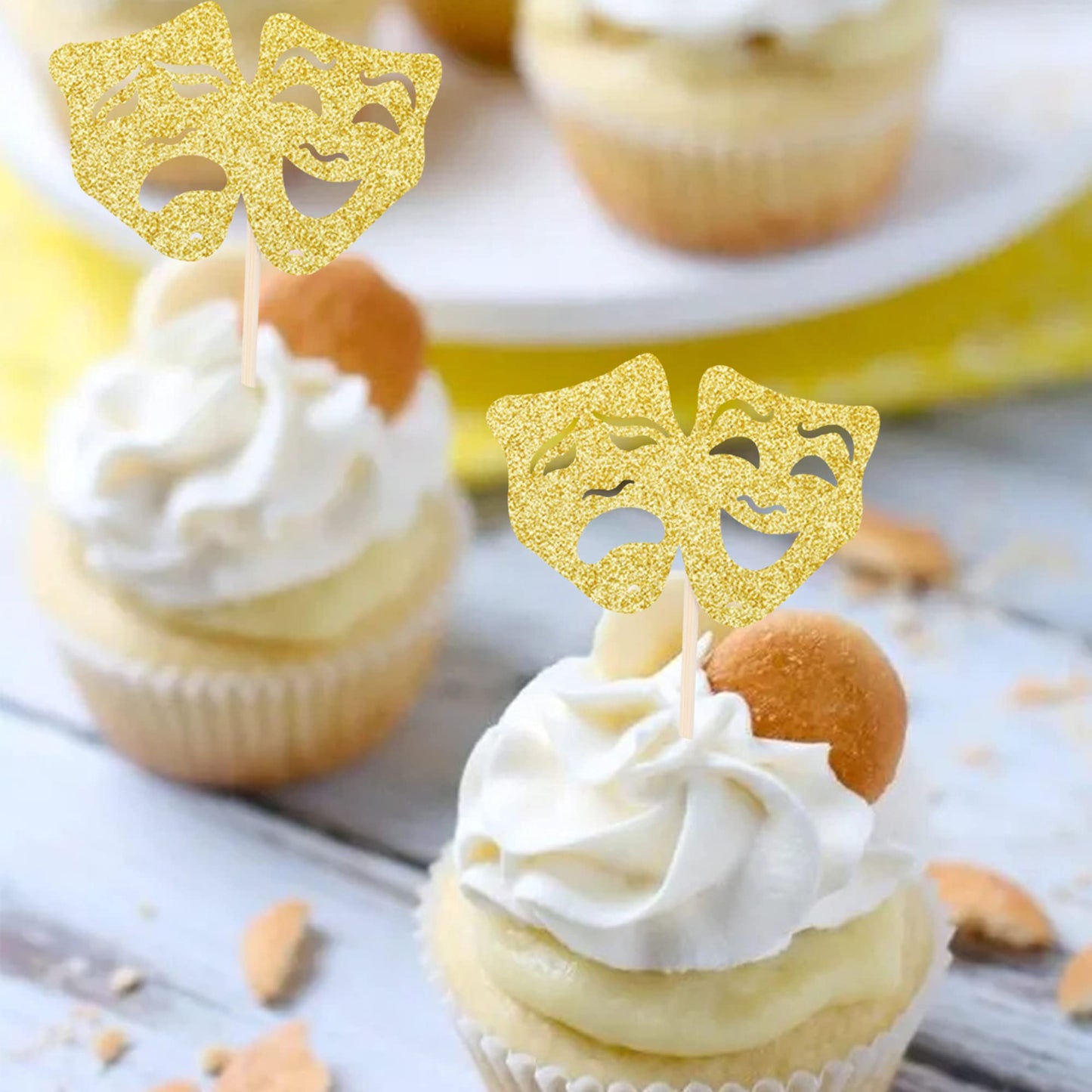24 Pcs Theatrical Mask Cupcake Toppers Gold Glitter Comedy Movie Night Cupcake Picks Film Festival Theme Birthday Party Cake Dec