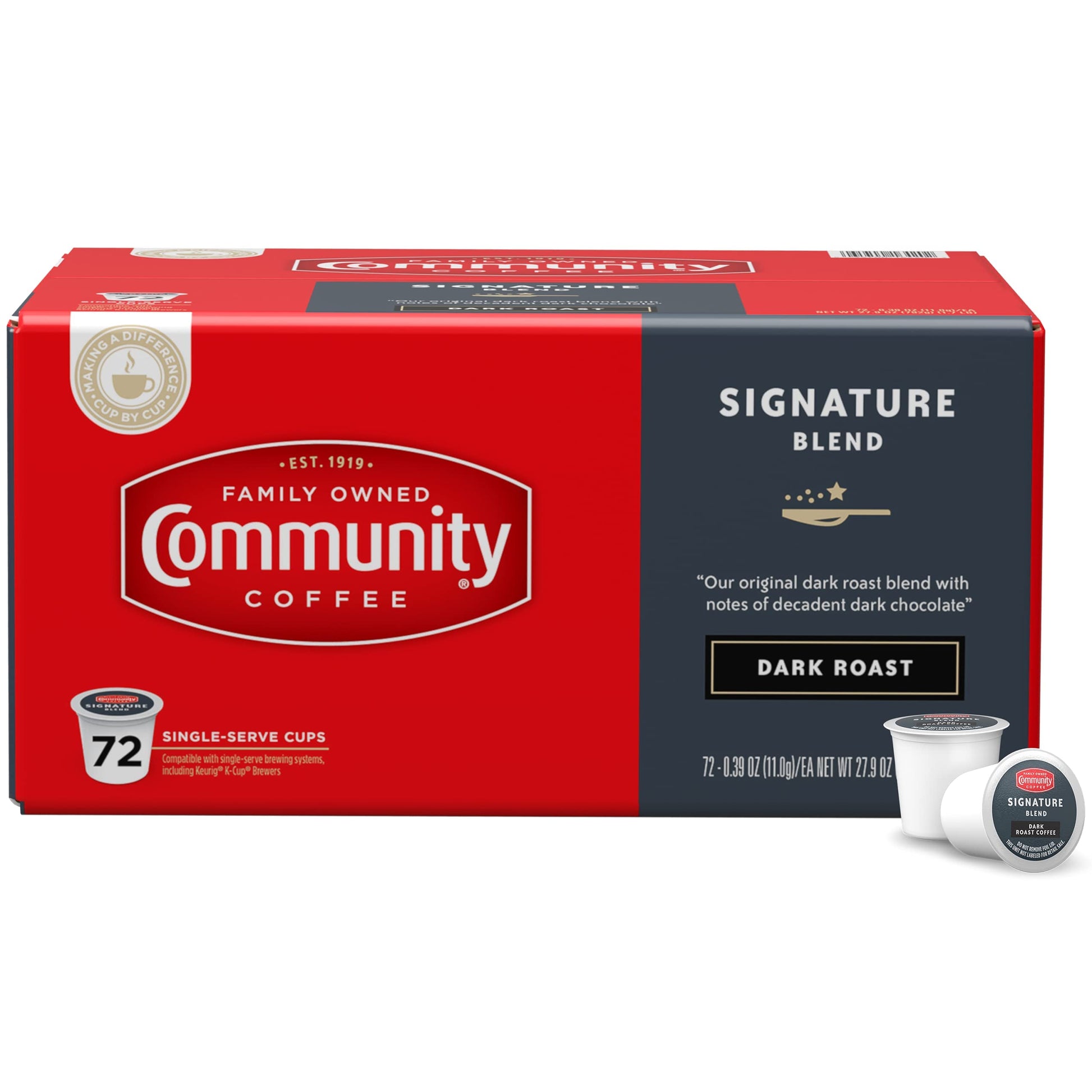 Community Coffee Signature Blend Dark Roast Coffee Pods, 72 Count, Compatible with Keurig 2.0, Red Box (Pack of 1)