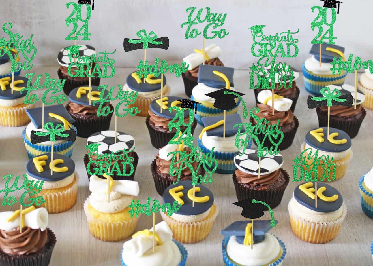 Graduation Cupcake Toppers 2024 Green,Glitter Class Of 2024 Cupcake Toppers Supplies,Class Of 2024 Congrats Grad Cap Diploma Cup