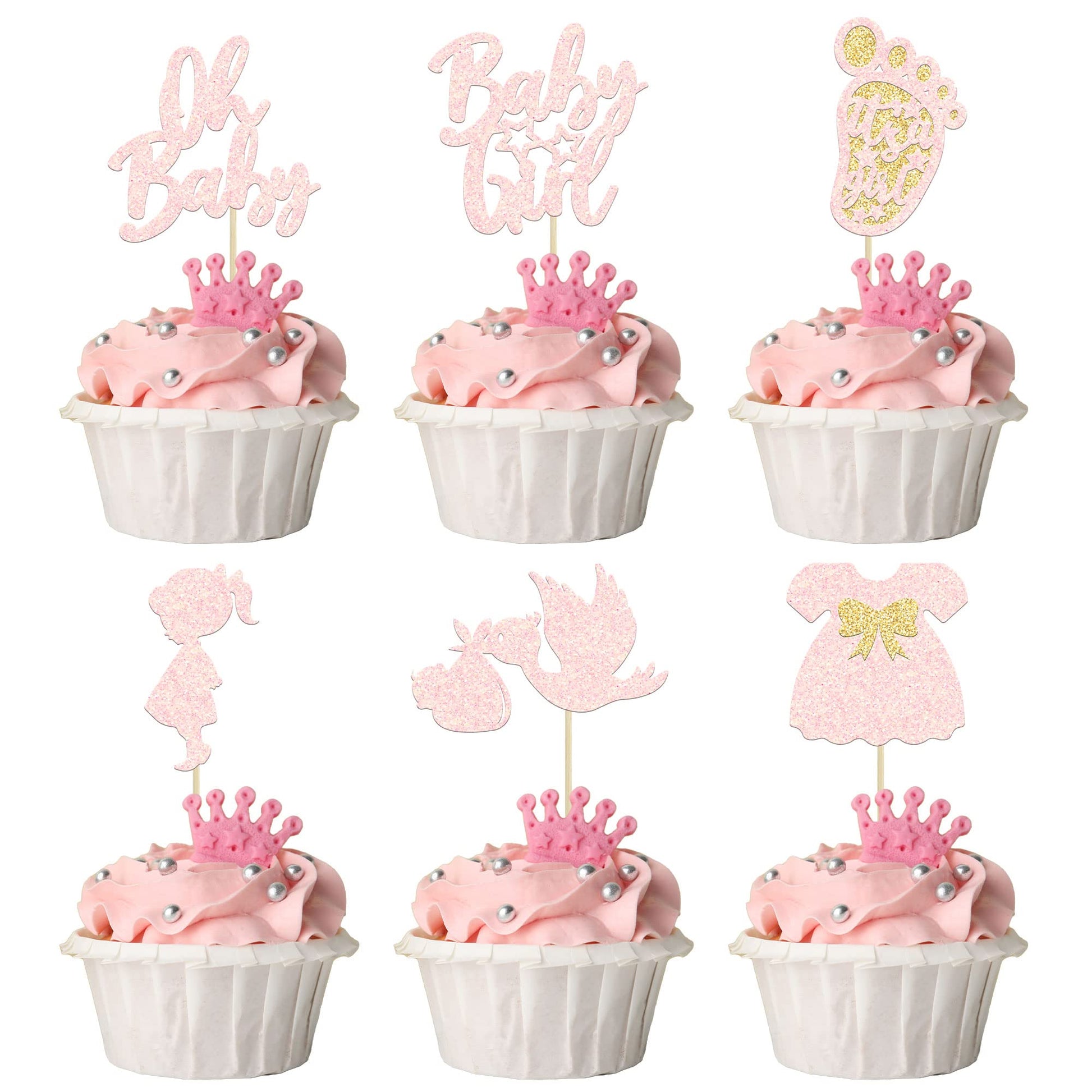 24Pcs Oh Baby Cupcake Toppers Baby Girl Cupcake Toppers With Bow Dress Footprint Swan Light Pink Glitter Babyshower Gender Revea