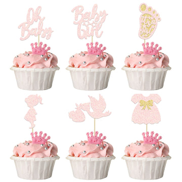 24Pcs Oh Baby Cupcake Toppers Baby Girl Cupcake Toppers With Bow Dress Footprint Swan Light Pink Glitter Babyshower Gender Revea