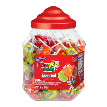 Colombina Bon Bon Bum Lollipops W/Bubble Gum Center, Assorted Flavors, Individually Wrapped, Ideal For Party Favors And Gifts, 1 Jar (100 Count)