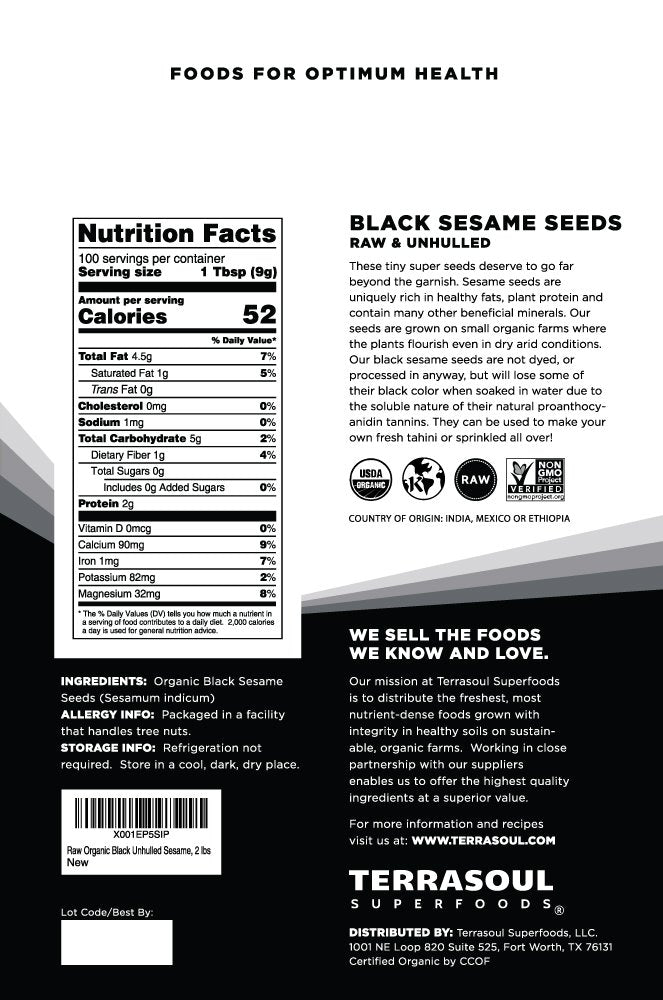 Terrasoul Superfoods Organic Black Sesame Seeds - Raw Unhulled, 2 lbs - Lab-Tested