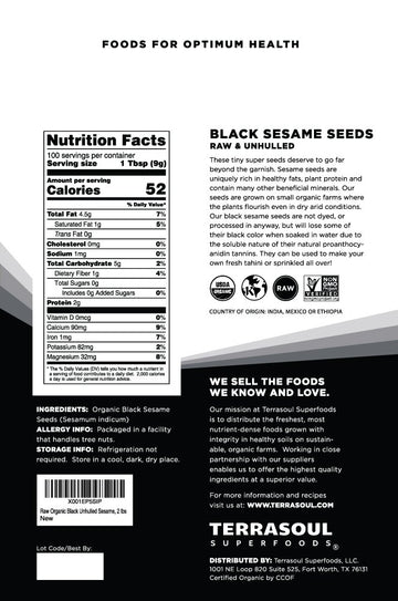 Terrasoul Superfoods Organic Black Sesame Seeds - Raw Unhulled, 2 lbs - Lab-Tested