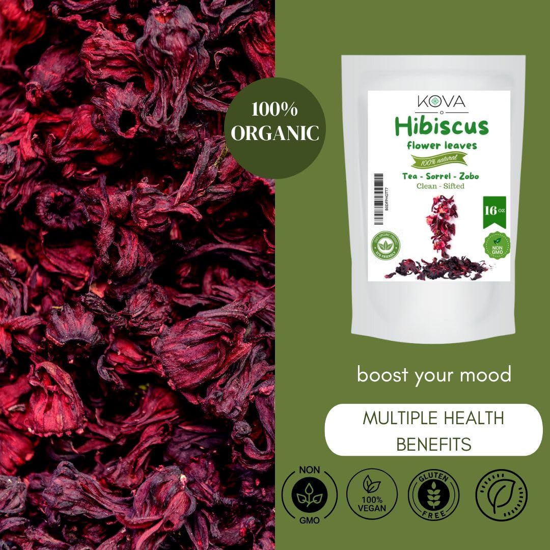 Kovafood Dried Red Hibiscus Flowers, Sorrel Leaves, Zobo Leaves I Organic I Non-Gmo I Washed And Sifted - 16Oz (1 Lb)