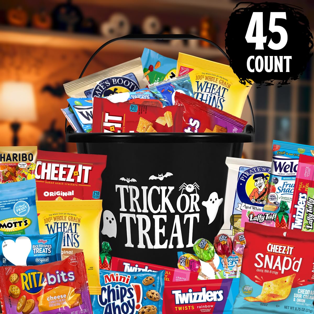 Halloween Basket Gift Care Package - 45 Count Snack Bucket Filled With Assorted Candy, Chocolates &   For Trick-Or-Treat, Classroom Parties, Office Events & Family Fun - Black