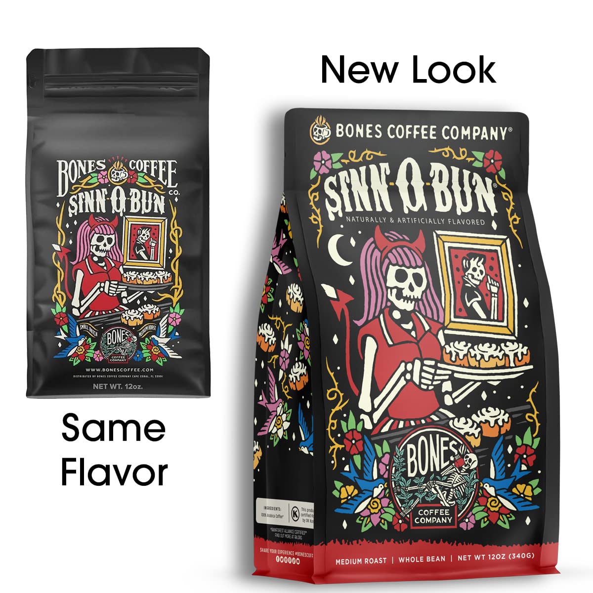 Bones Coffee Company Sinn O Bun Ground Coffee Beans, Cinnamon Roll Flavor, Low Acid Flavored Coffee, Made with Arabica Coffee
