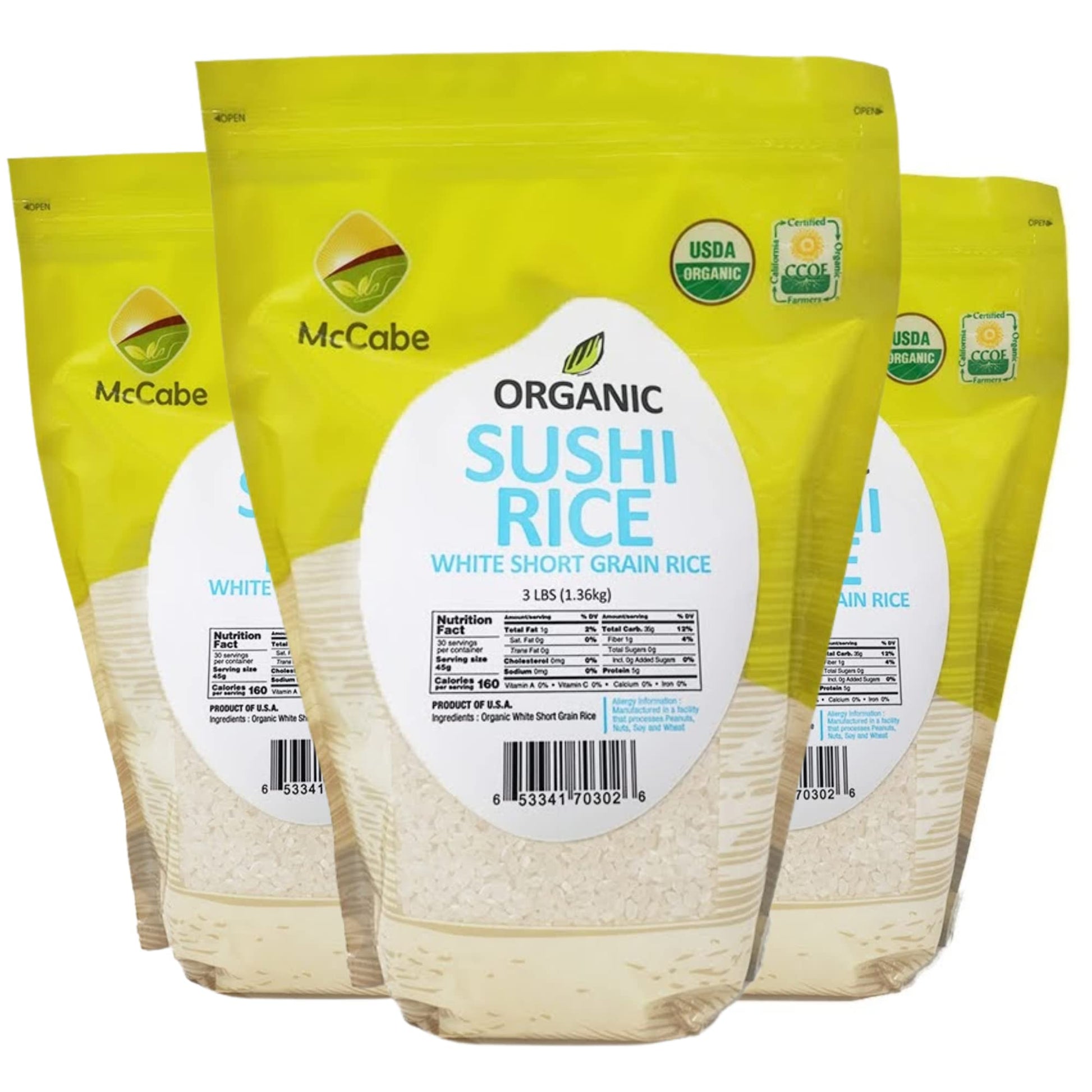 McCabe Organic Short Grain White Sushi Rice - USDA Certified - 3 lbs Pack of 3 - Rich in Fibers and Minerals