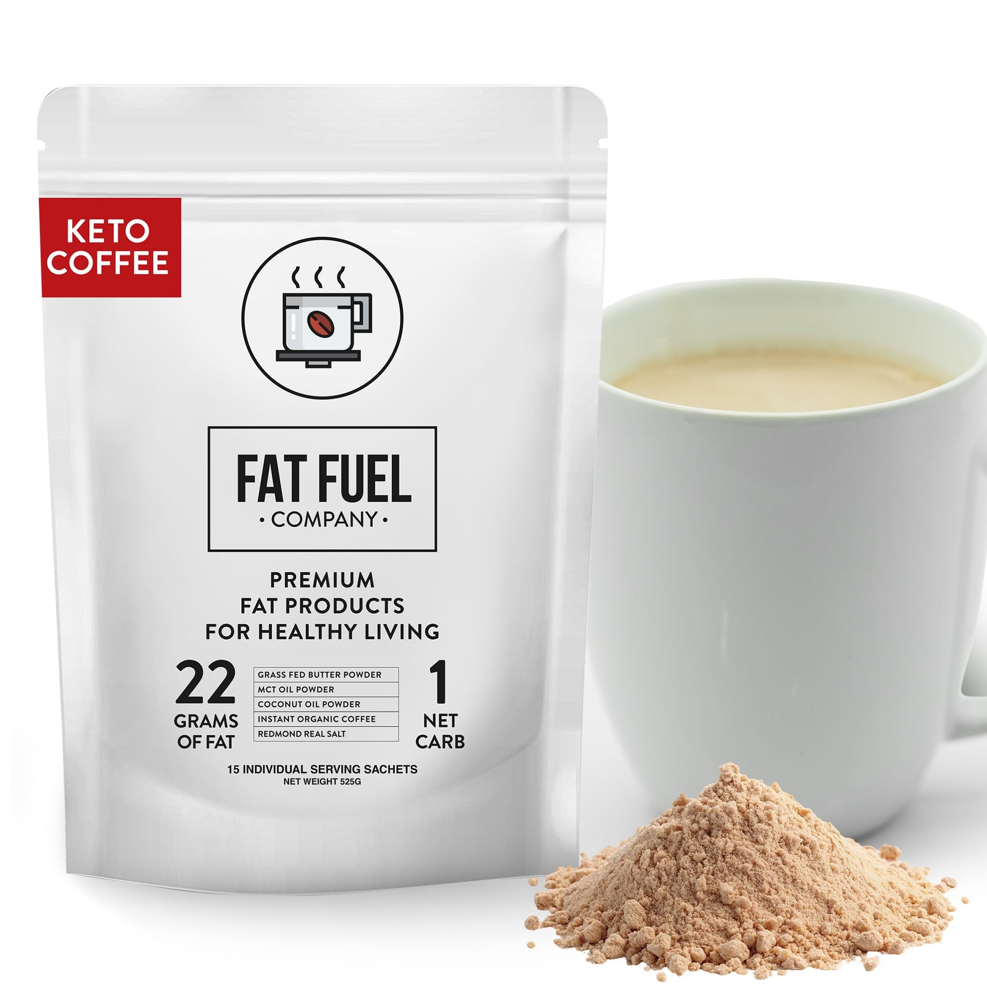Keto Meal Replacement Coffee Packets with MCT Oils  Coconut Oil  Grass-Fed Butter  and Redmond Real Salt - Organic Instant Coffee by Fat Fuel Company (15 Servings)