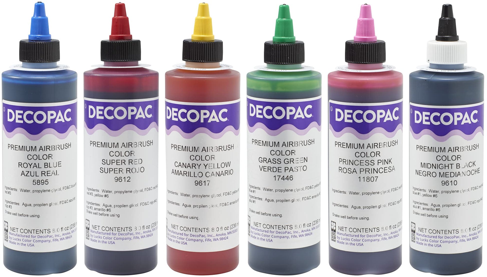 DECOPAC Premium Airbrush Color Multipack, Super Red, Royal Blue, Canary Yellow, Grass Green, Princess Pink and Midnight Black - 