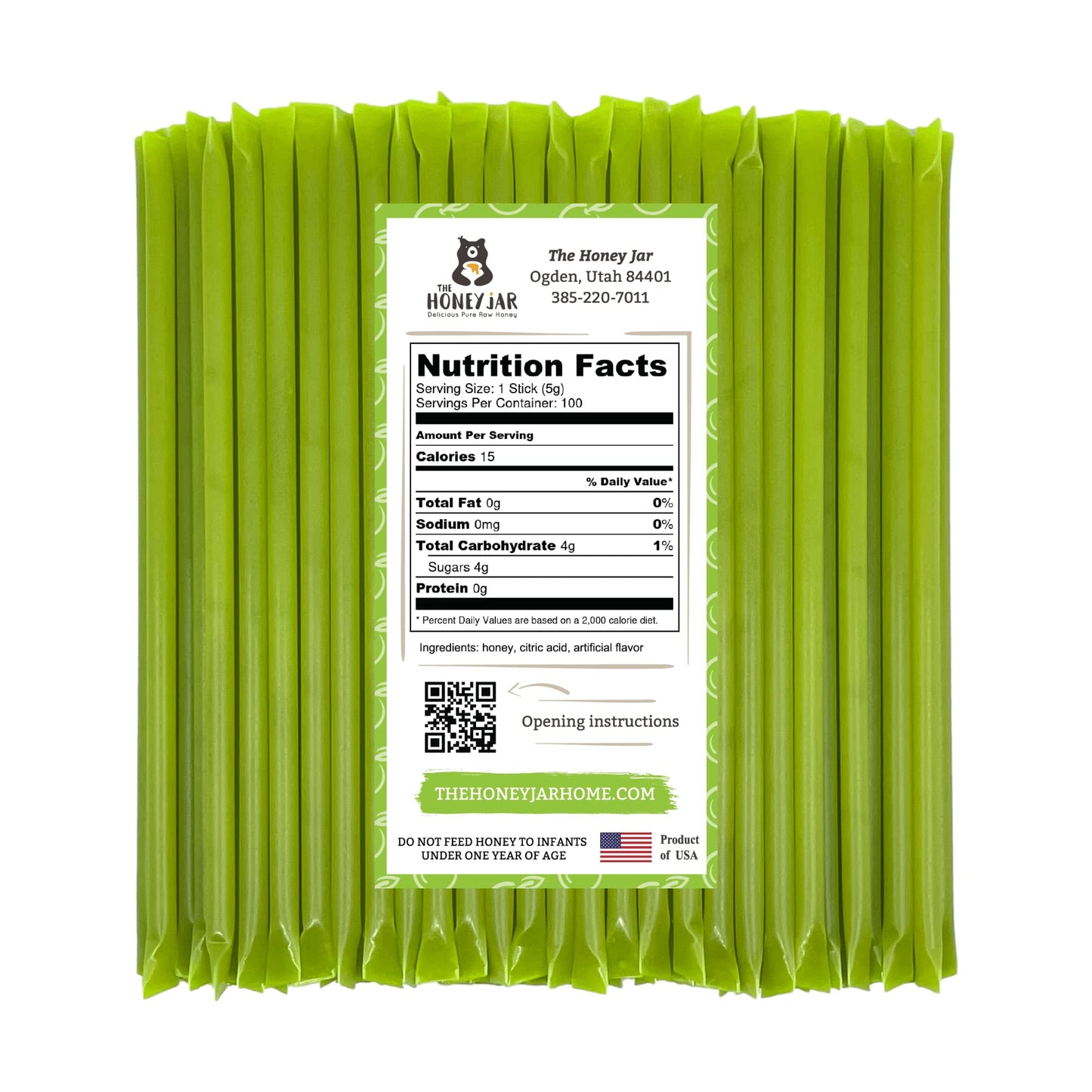 The Honey Jar Green Apple Flavored Honey Sticks - Pure Honey Straws For Tea, Coffee, Or A Healthy Treat - One Teaspoon Of Flavor