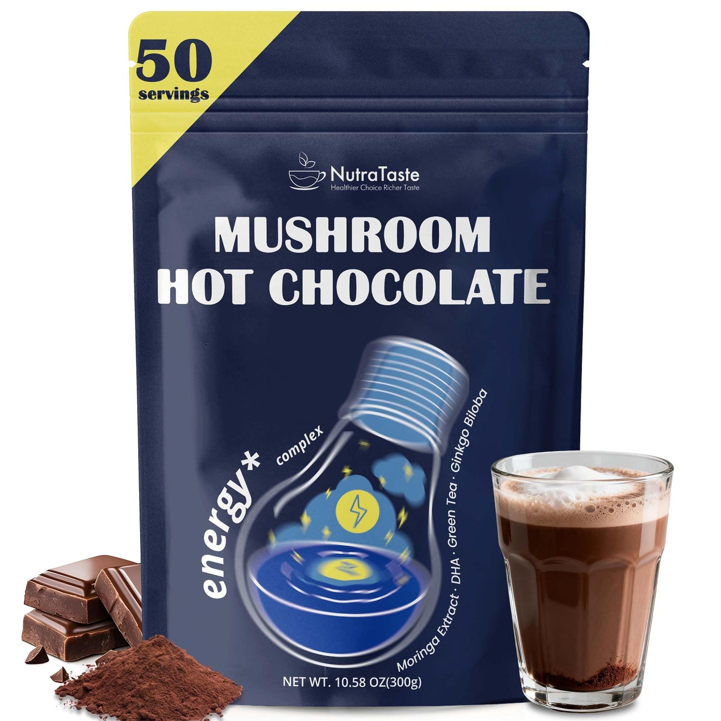 Mushroom Hot Chocolate  50 Servings Cocoa Powder | 10 Mushrooms Dietary Supports With Moringa Extract  Dha  Green Tea & Flavor Blendkgo Biloba | Support Focus & Gut Health | Vegan & Keto  Gluten-Free