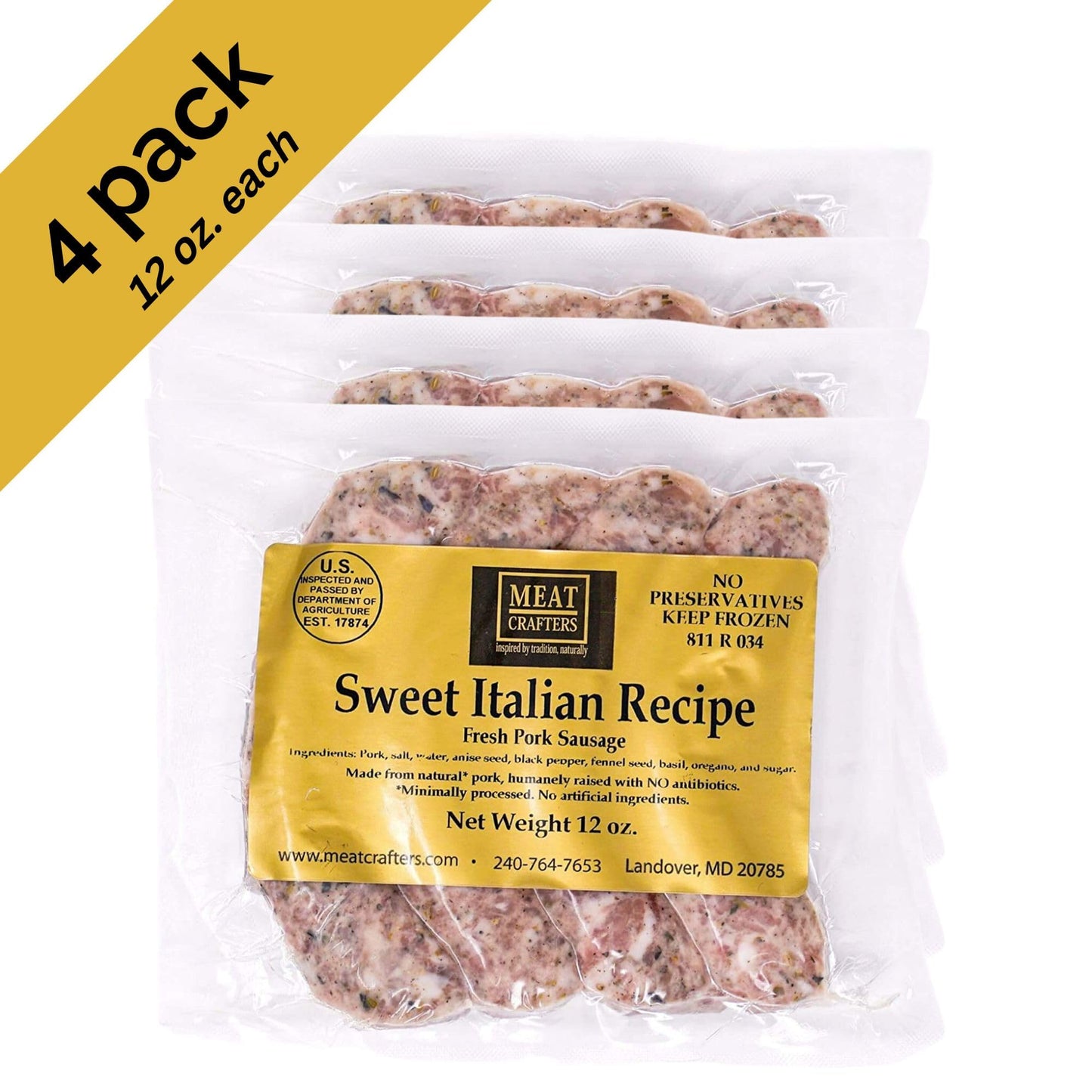 Meatcrafters Sweet Italian Pork Sausage, Minimally Processed, No Artificial Ingredients, 12Oz (4-Pack, 16 Total Links)