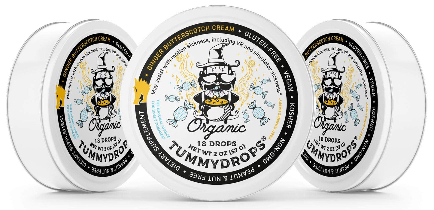 Organic Ginger Butterscotch Cream Tummydrops (Pack With 3 Tins, 54 Drops Total)