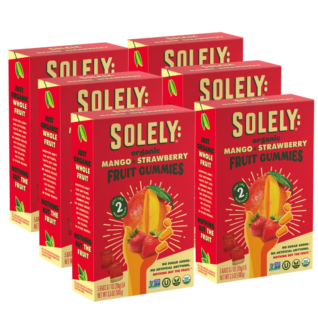 SOLELY - Organic Mango & Strawberry Whole Fruit Gummies (Pack of 6 Boxes, 5 Bags per Box) - Real Fresh Fruit - Healthy Snacks fo