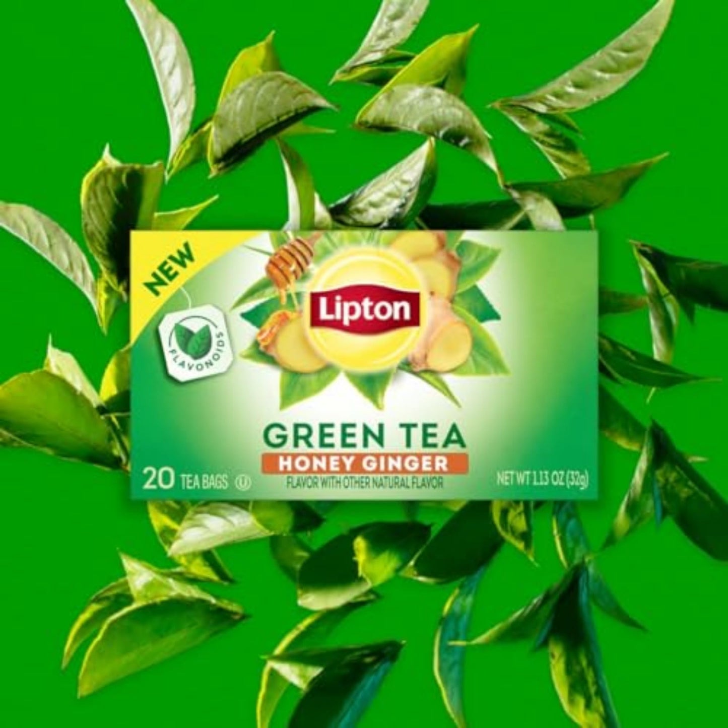 Lipton Honey Ginger Green Tea Bags, Unsweetened, Caffeinated, 20 Bags, Single Pack