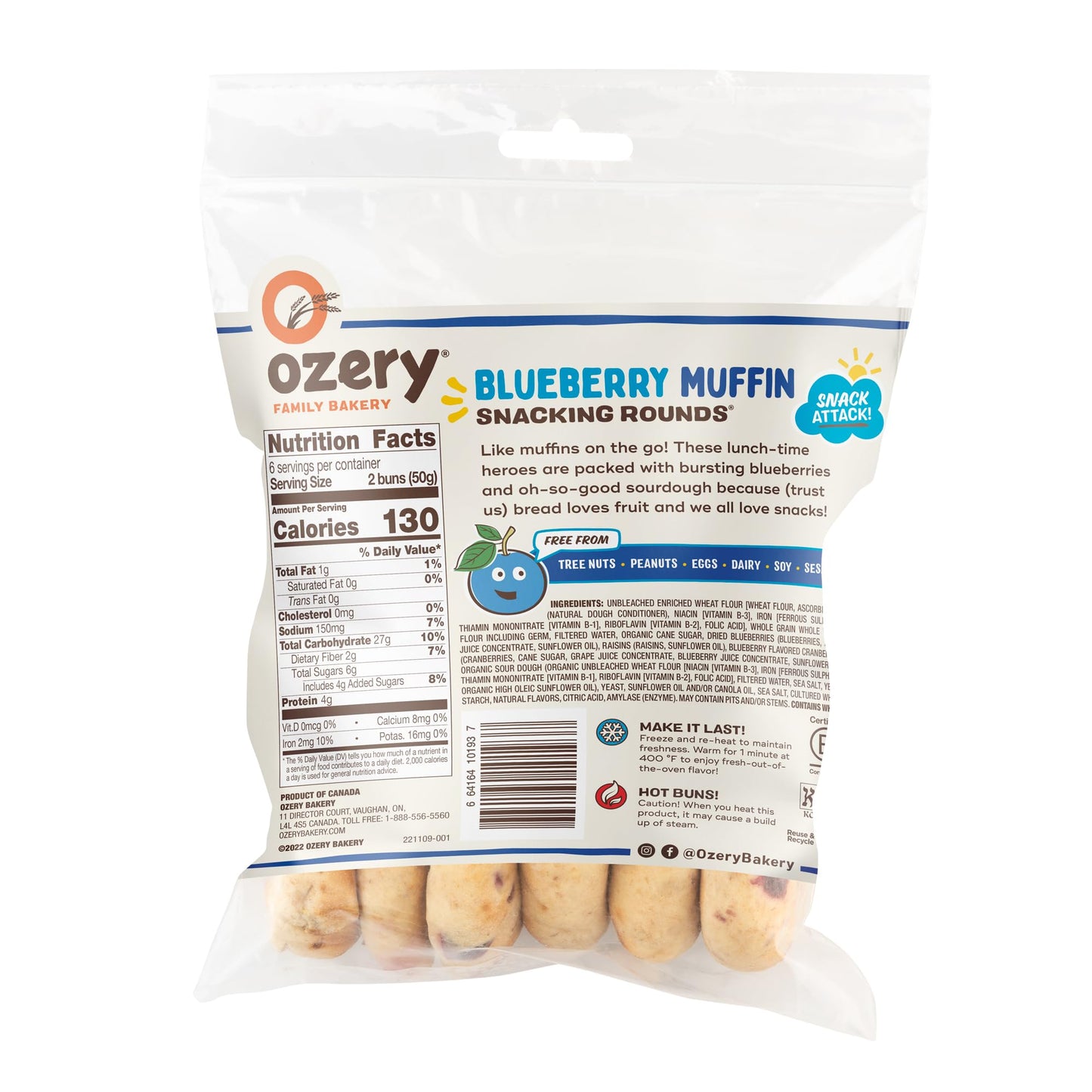 Ozery Bakery Blueberry Muffin Snacking Rounds, Allergen Free, Vegan, Made with Real Fruit, Snack Buns, 12 Buns Per Bag, Pack of