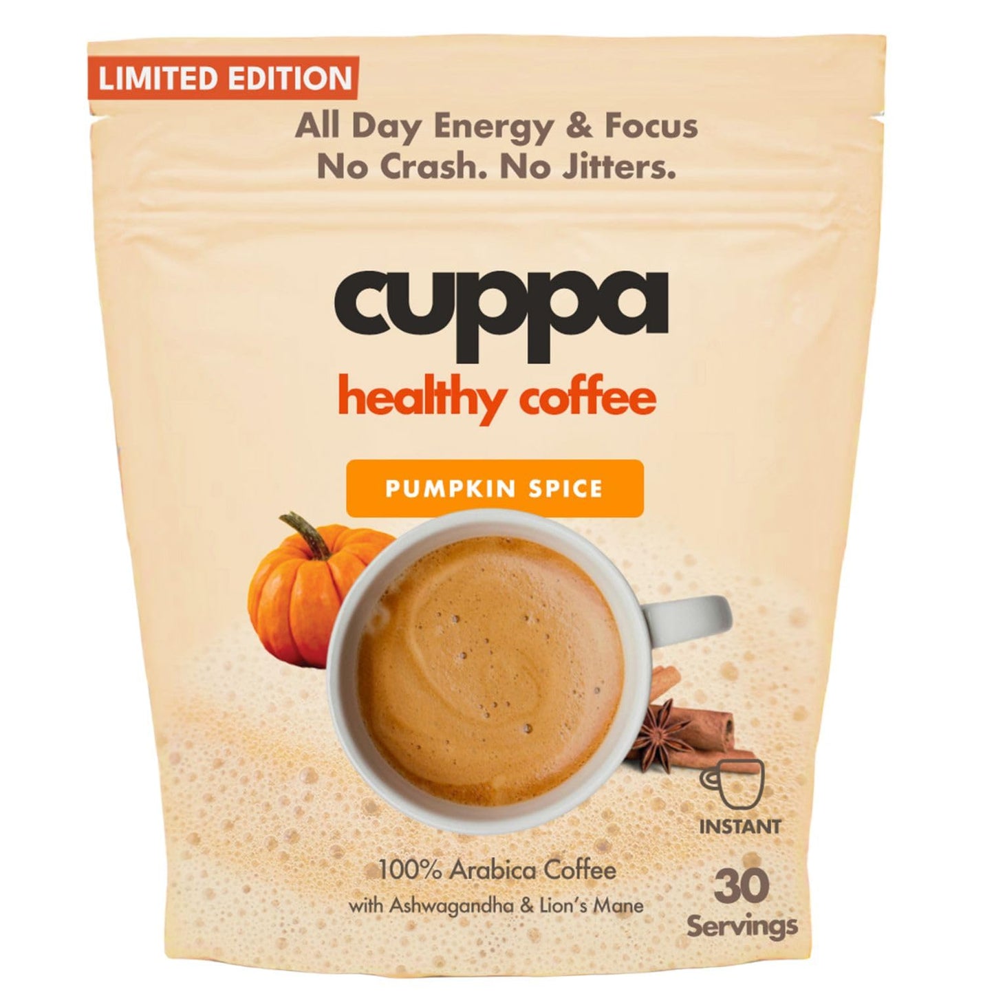 Cuppa Healthy Mushroom Insant Coffee with Lions Mane & Ashwagandha for All Day Energy & Focus - No Crash or Jitters - Nootropics for Brain Health  Gut Health  Immunity  Stress  Memory + Mood (30 Servings  Pumpkin Spice)