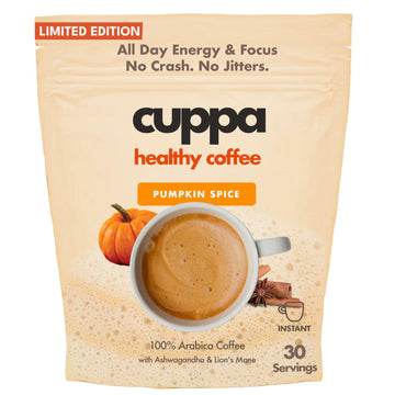 Cuppa Healthy Mushroom Insant Coffee with Lions Mane & Ashwagandha for All Day Energy & Focus - No Crash or Jitters - Nootropics for Brain Health  Gut Health  Immunity  Stress  Memory + Mood (30 Servings  Pumpkin Spice)