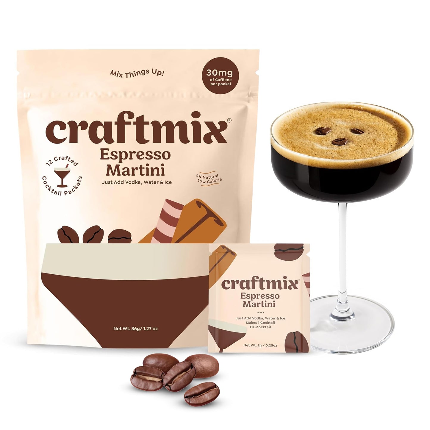 Craftmix Espresso Martini Cocktail & Mocktail Drink Mixer, Skinny Mixes - Water Flavoring Packets - Made With Real Coffee Beans - Vegan, Low-Carb, Low-Sugar, Non-Gmo, Dairy Free, Gluten Free, 24 Pack
