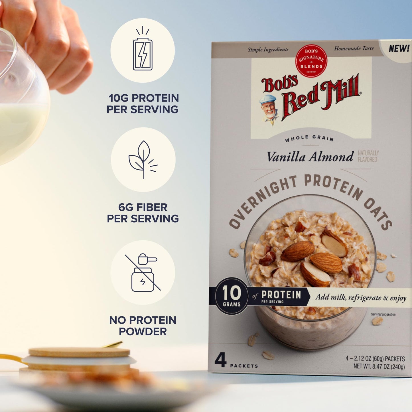 Bob s Red Mill Overnight Protein Oat, Vanilla Almond, 16 Packets Total (4 Boxes/4 Packets per Box), Non-GMO, Gluten Free, Whole