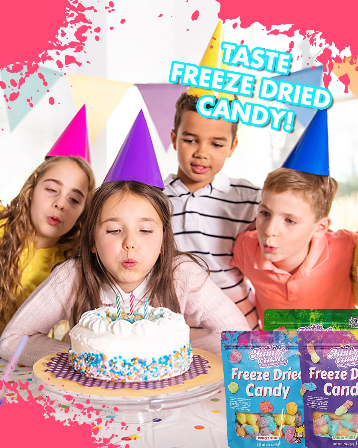 Freeze Dried Candy - 5 Flavors Variety Pack Crunchy Peach Rings, Watermelon, Puffs, Worms, Burger Candy - 1.7Oz Each, Sweet Trea