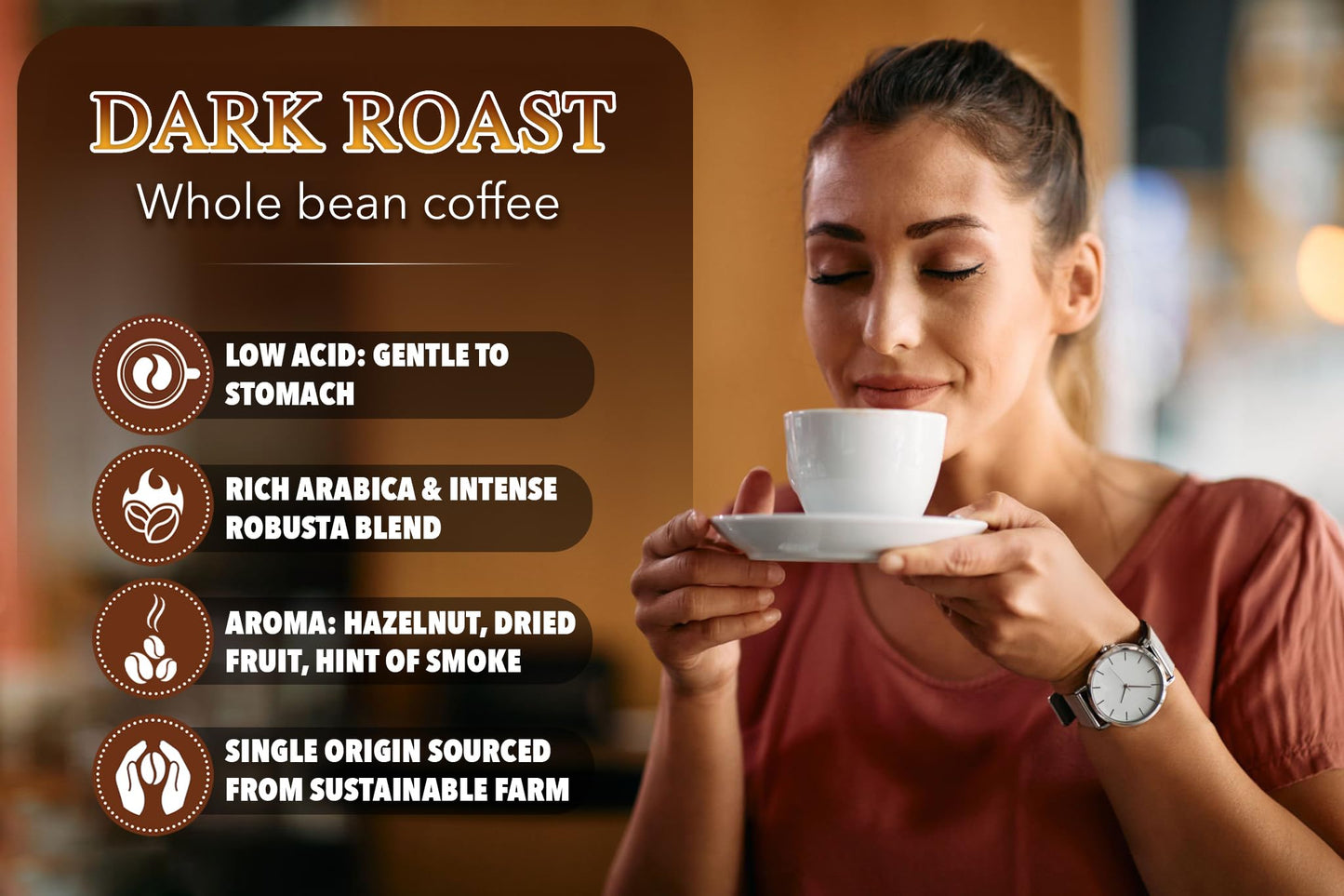 TARMO COFFEE Low Acid 100% Arabica Whole Bean Coffee, Specialty Dark Roast, 12 Oz Bag
