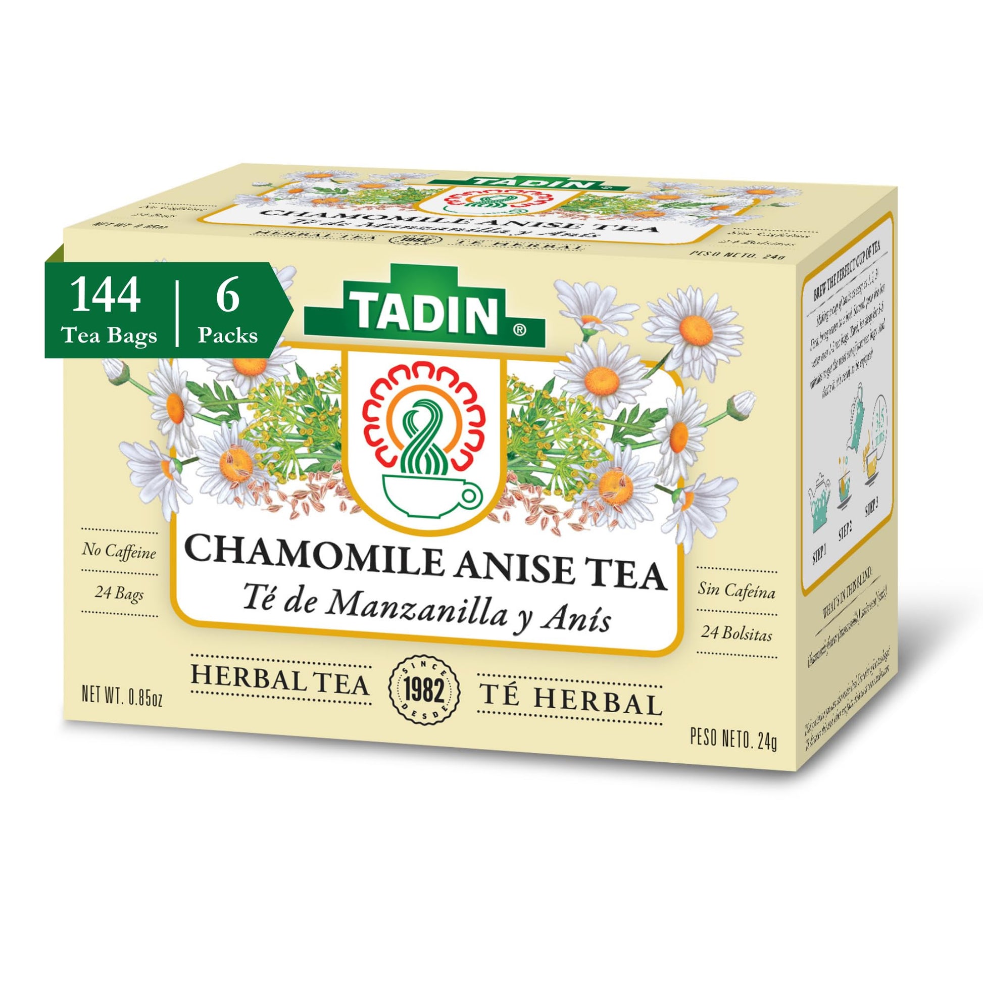 Tadin Chamomile Tea with Anise, Herbal, Caffeine Free, 24 Count (Pack of 6), Individually Wrapped Tea Bags