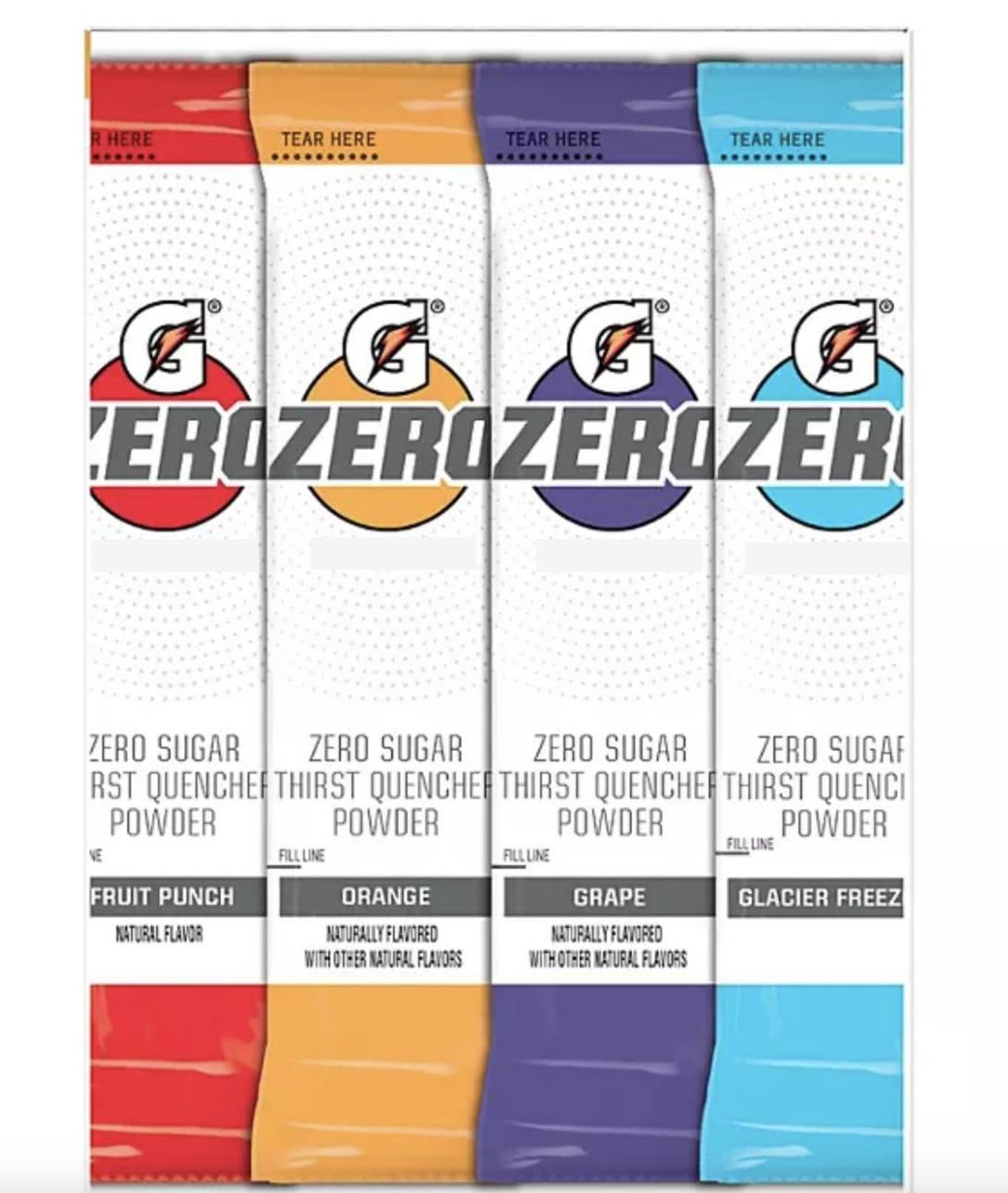 Gatorade G Zero Sugar Thirst Quencher Powder, (Pack Of 40) 10 Flavors Of Each (Fruit Punch, Orange, Grape & Glacier Freeze)
