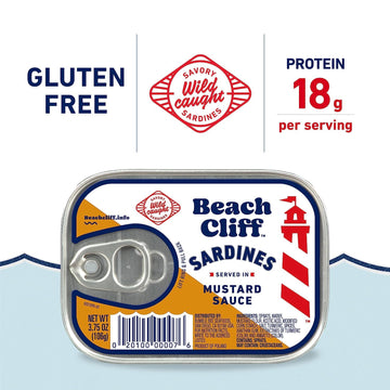Beach Cliff Wild Caught Sardines In Mustard Sauce, 3.75 Oz Can - 18G Protein Per Serving - Gluten Free, Keto Friendly - Great Fo