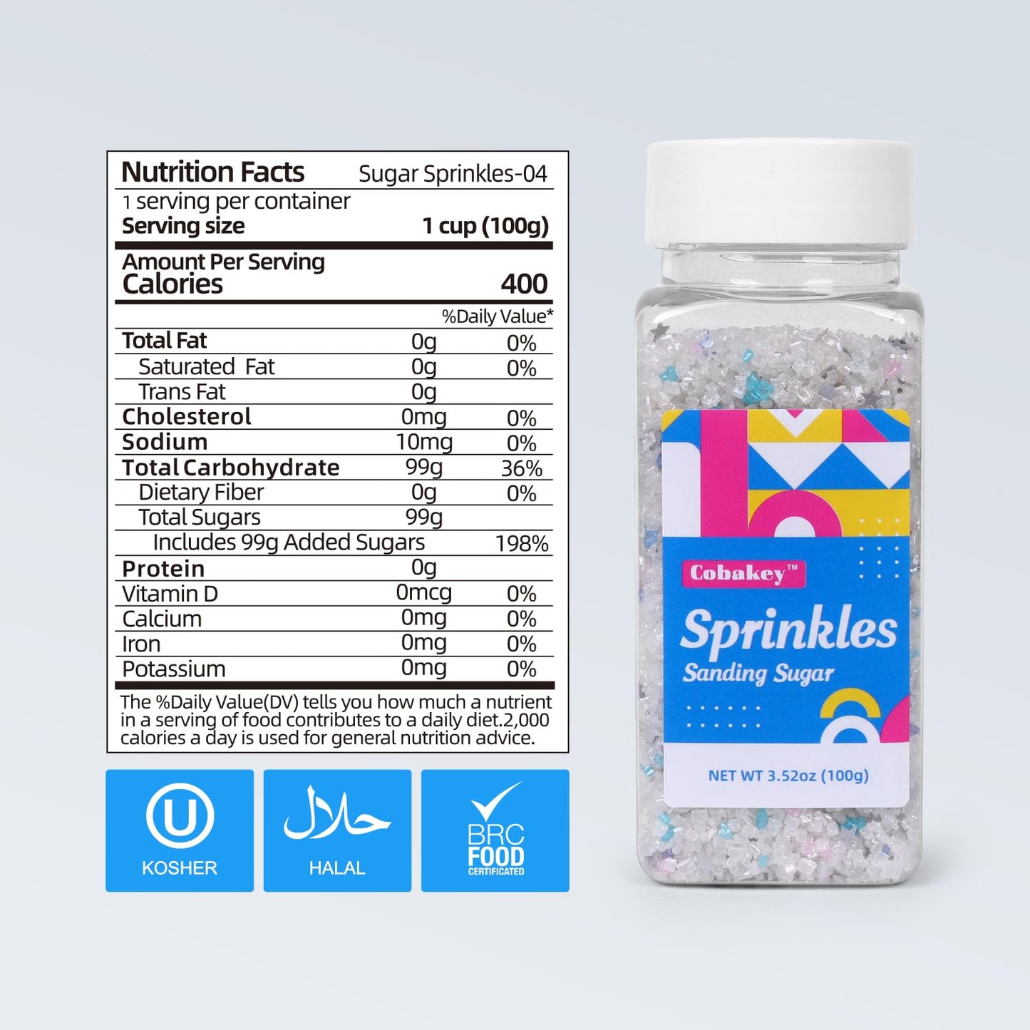 White Sanding Sugar Edible Silver Glitter Stars Mix, Edible Sugar Sprinkles for Cake Decorating, Sparkling Edible Sanding Sugar