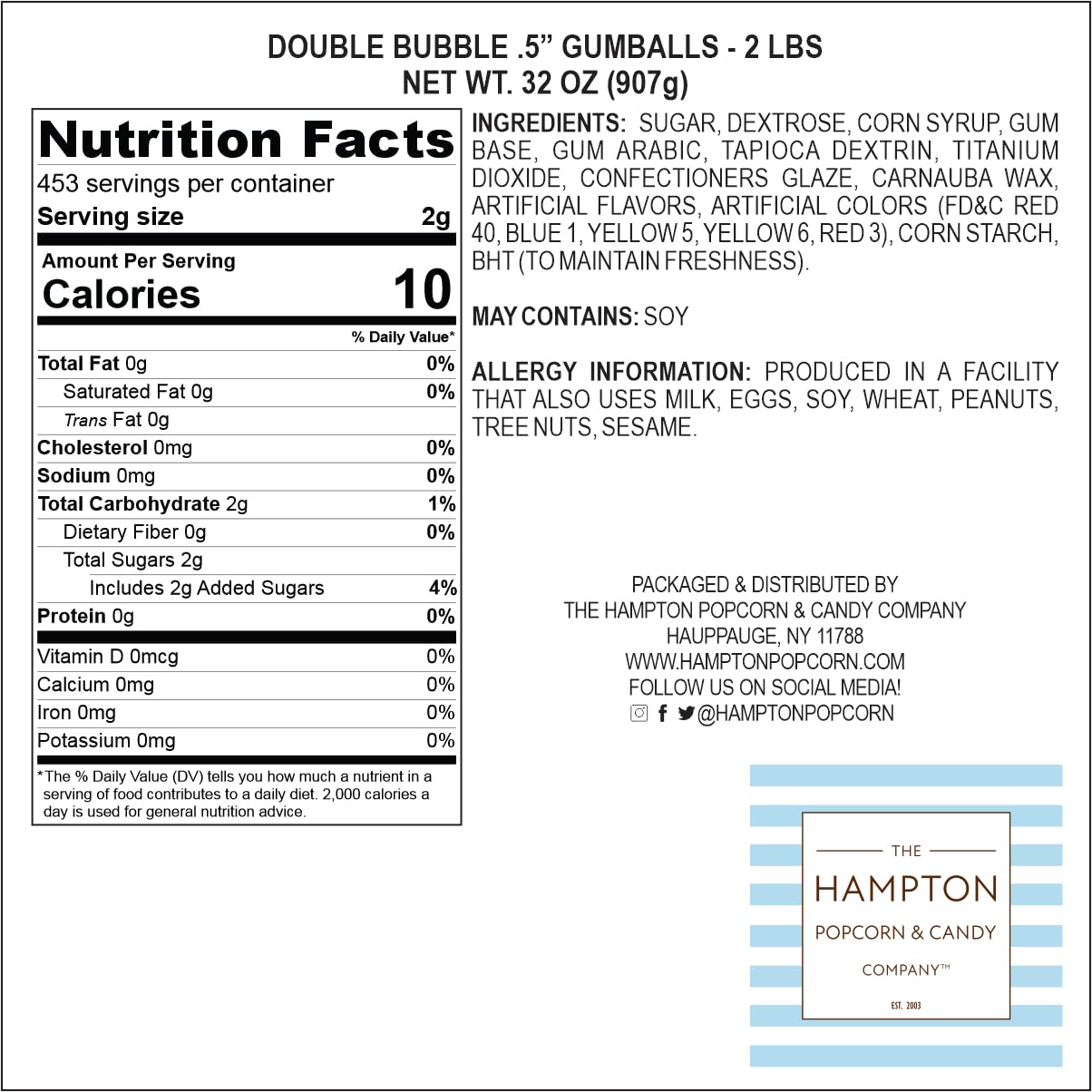 The Hampton Popcorn Company Gumballs, 0.5 Inch Mini, 560 Count, Assorted Fruit Flavors, 2lb Bulk Bag, Multicolor