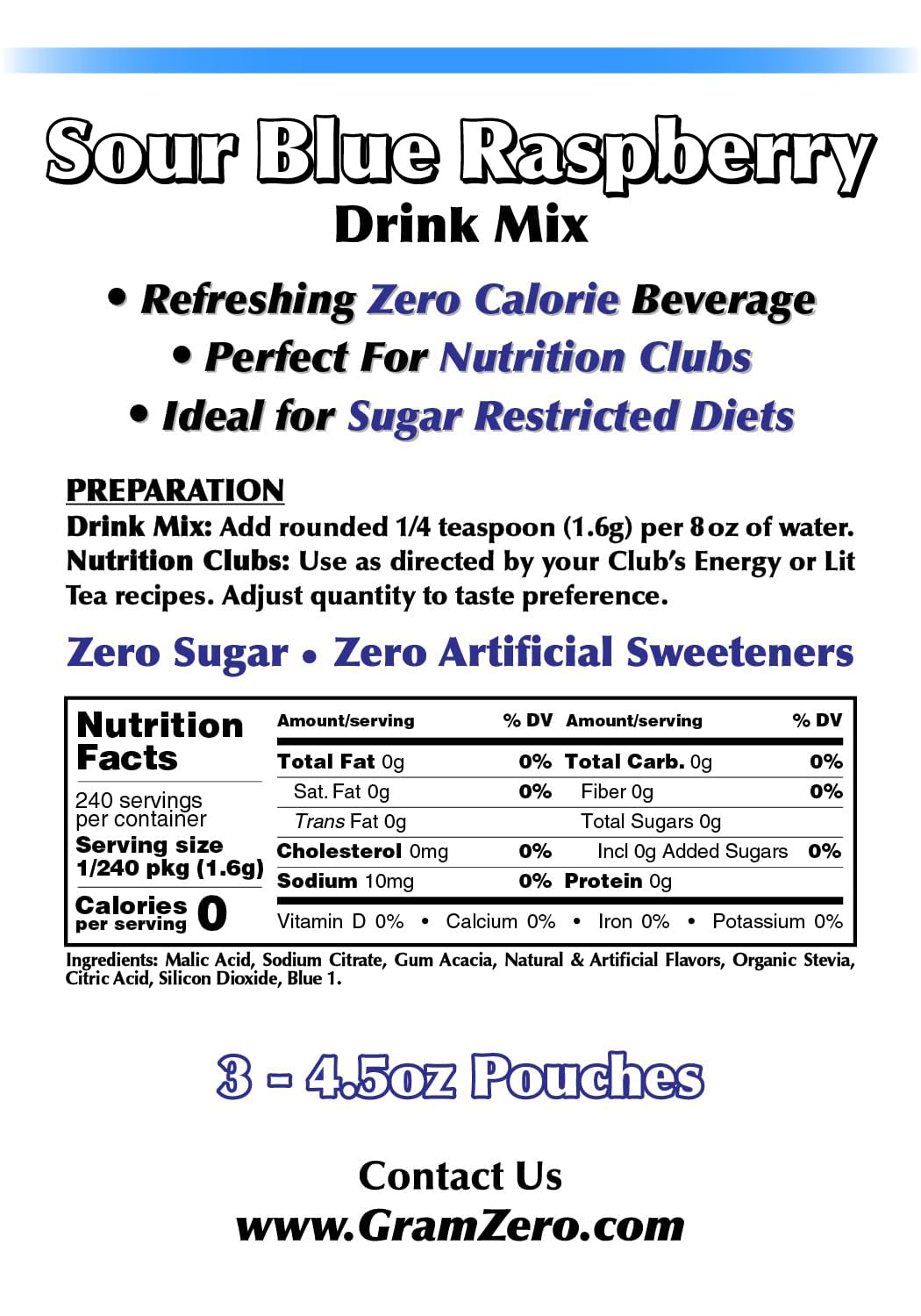 Gramzero Sour Blue Raspberry Zero Calorie Sugar Free Drink Mix, Great For Nutrition Club Loaded Tea, Stevia Sweetened