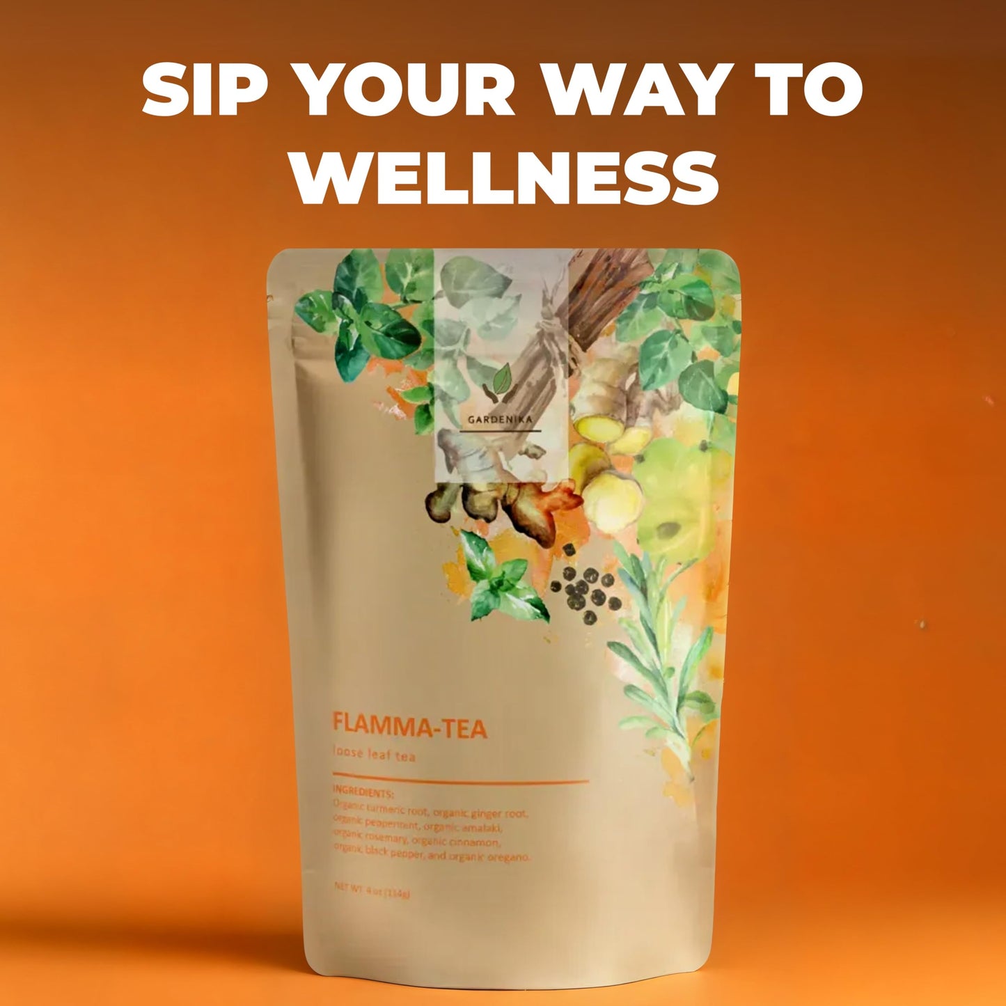 Gardenika Organic Flamma-tea Loose Leaf Tea - Turmeric Ginger Blend, Caffeine Free, 4oz (113g)