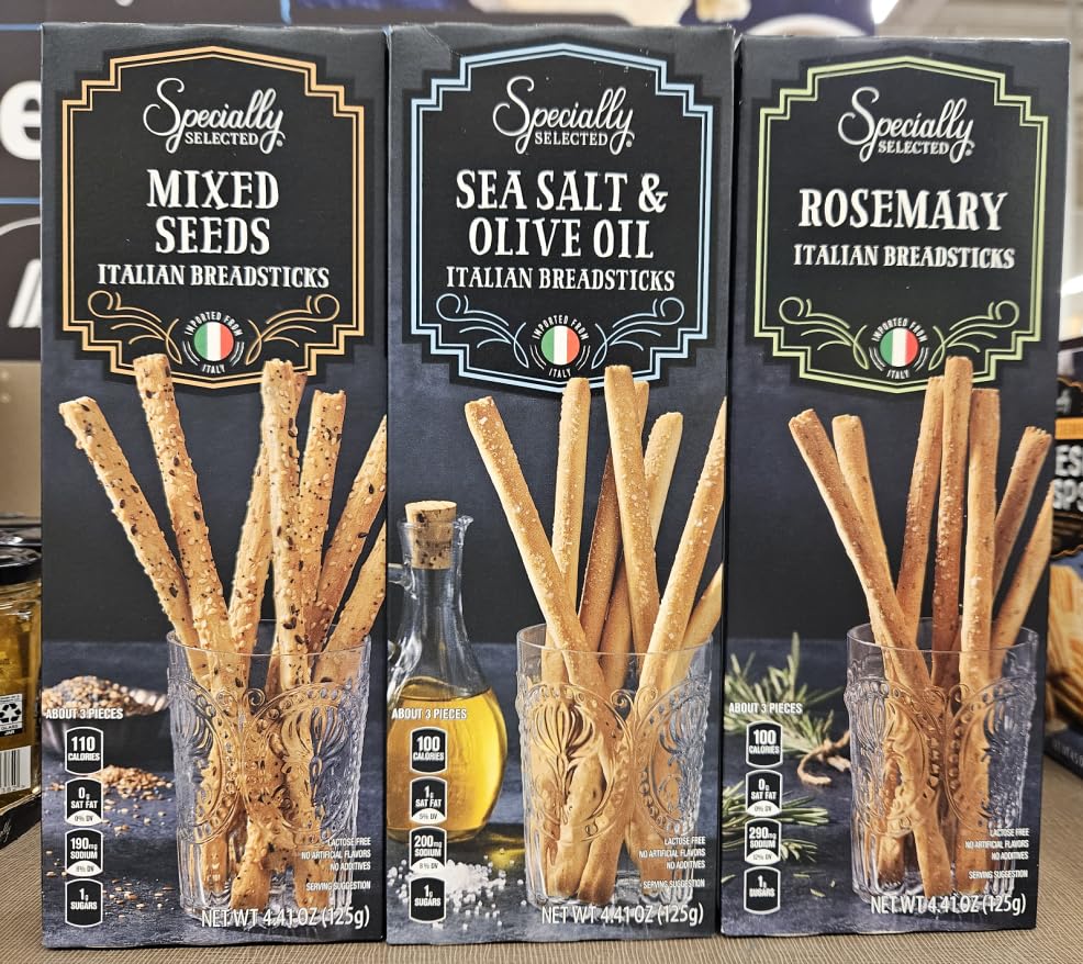 Specially Selected Italian Breadsticks Mixed Seeds, Sea Salt & Olive Oil, Rosemary 4.41oz 125g (Three Boxes)