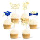 36 Pcs Class of 2025 Graduation Cupcake Toppers, Gold & Blue Glitter Double-Sided Grad Cap Cake Picks for Party Supplies, 2025 G