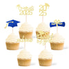 36 Pcs Class of 2025 Graduation Cupcake Toppers, Gold & Blue Glitter Double-Sided Grad Cap Cake Picks for Party Supplies, 2025 G