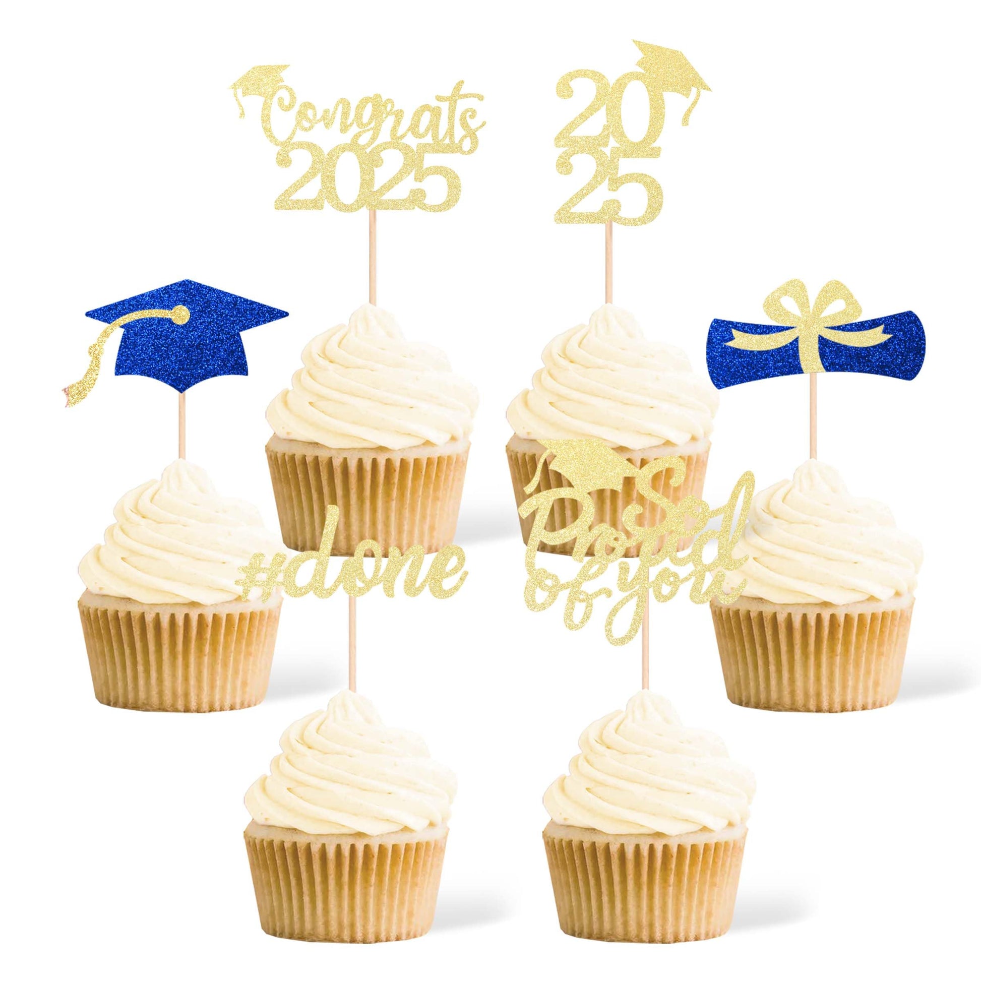 36 Pcs Class of 2025 Graduation Cupcake Toppers, Gold & Blue Glitter Double-Sided Grad Cap Cake Picks for Party Supplies, 2025 G