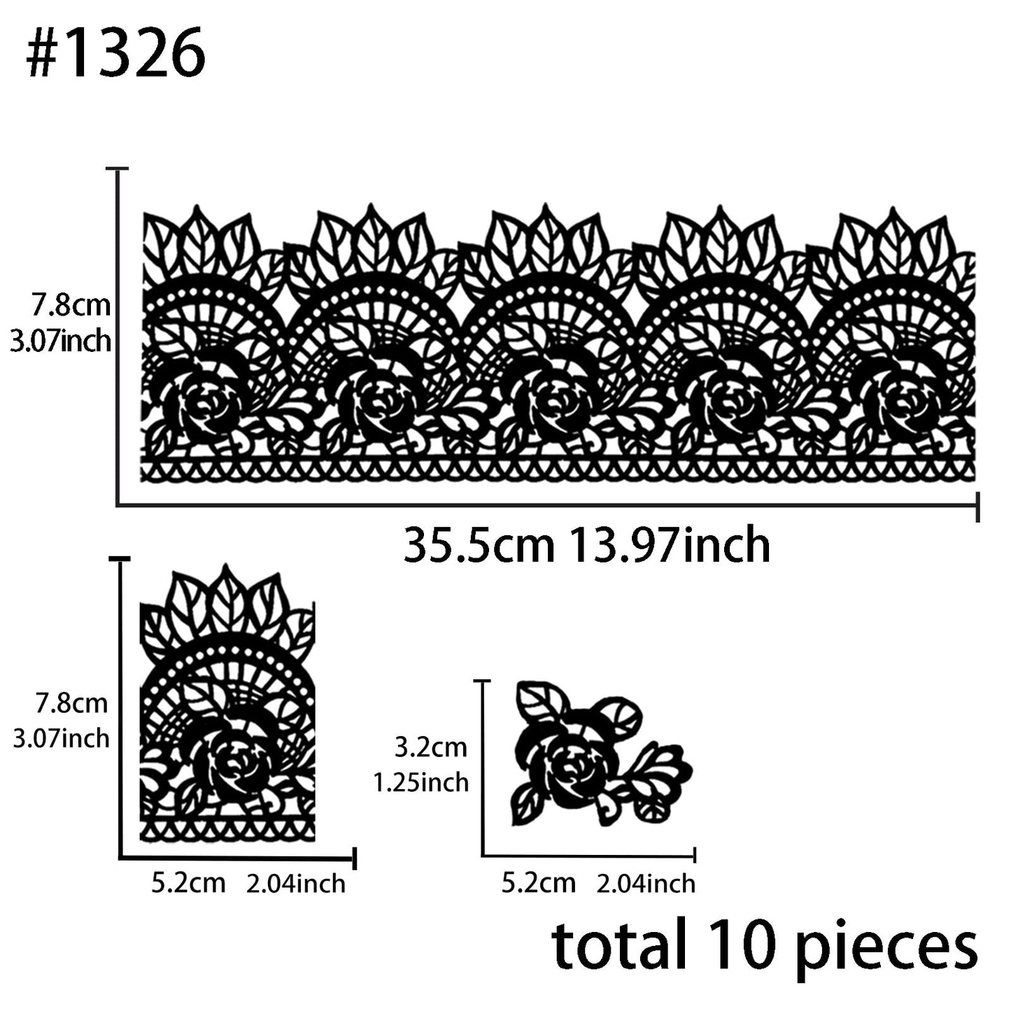 Large Pre-Made Ready To Use Edible Cake Lace Rose Scallop Black 14-Inch 10-Piece Set